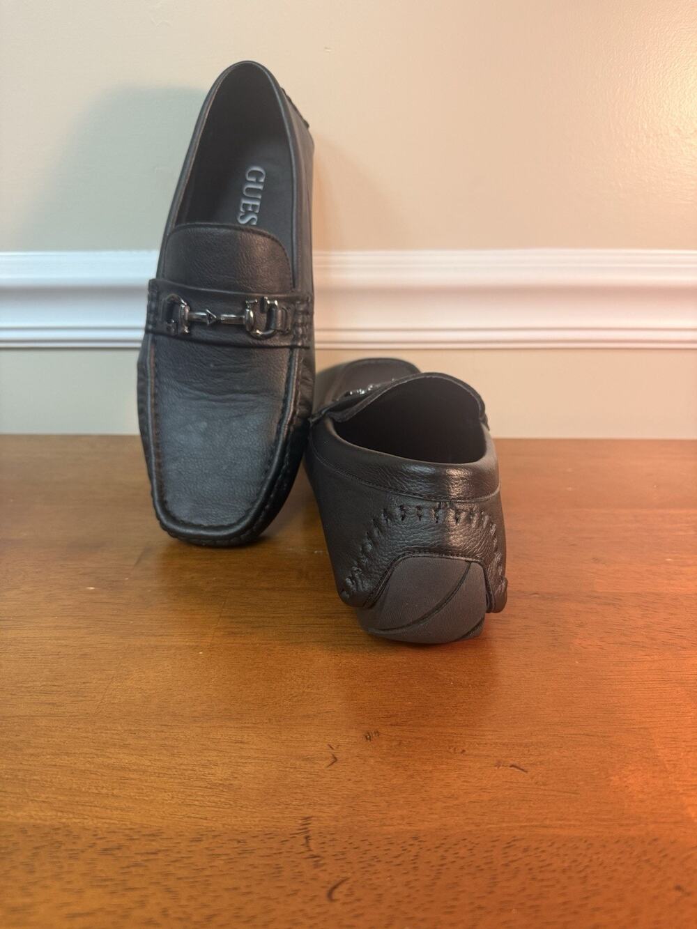 GUESS Hendo Men's Dress Loafers Black Logo Saffiano Square Toe Slip On Shoes 9